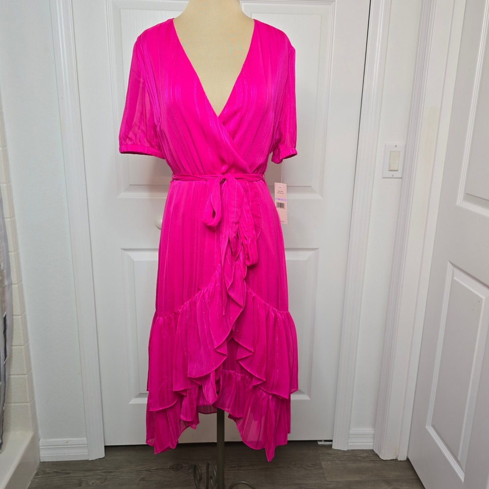 Nanette Lepore Women Pink Metallic Stripe tired belted waist Ruffle Midi Dress 6